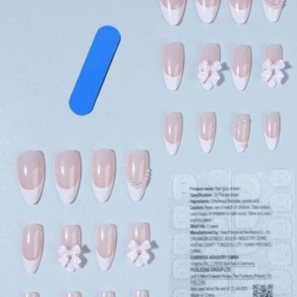 NWT, Almond French & Bowknot Pearl Detail Press On Nail Set - Picture 2 of 2